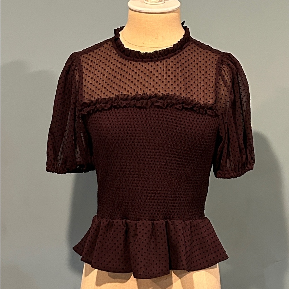 Express Peplum Puff Sleeve Top XS Mesh Smocked Polka Dot Dark Purple Black